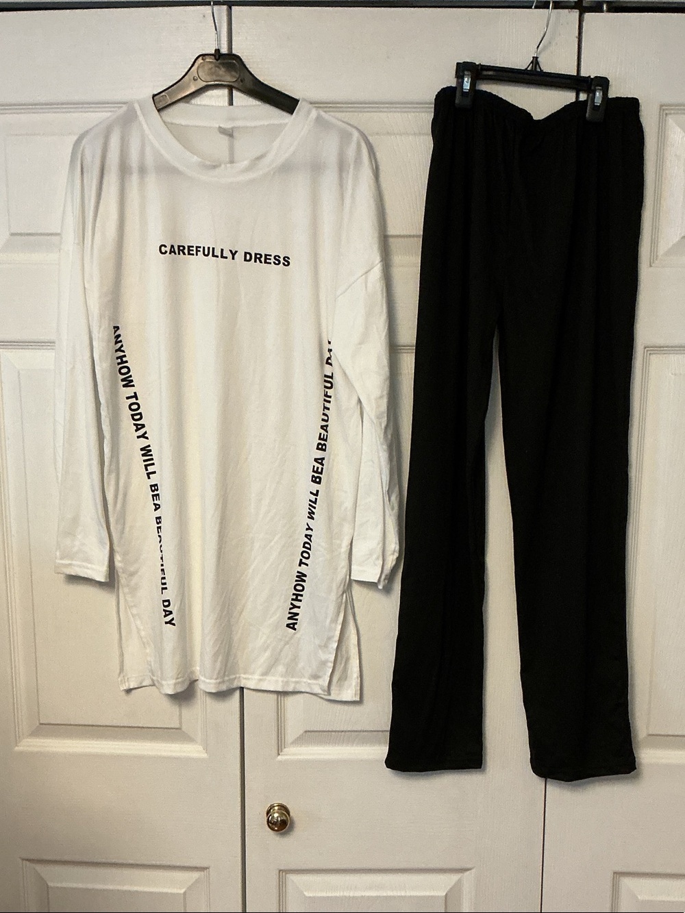 Women’s White Long-Sleeve Pajama Top with Black Lounge Pants Set